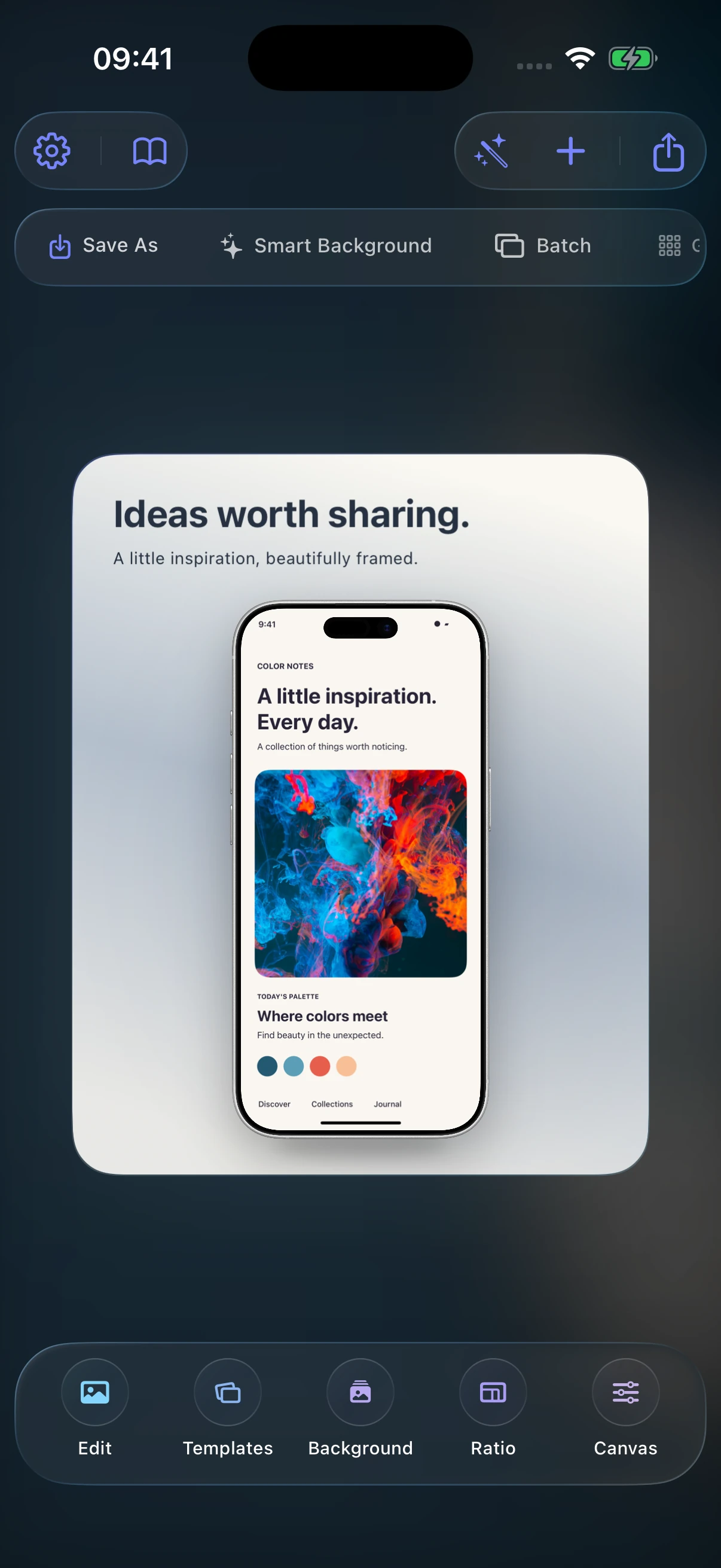 Find add and export at the top, and editing tools along the bottom.