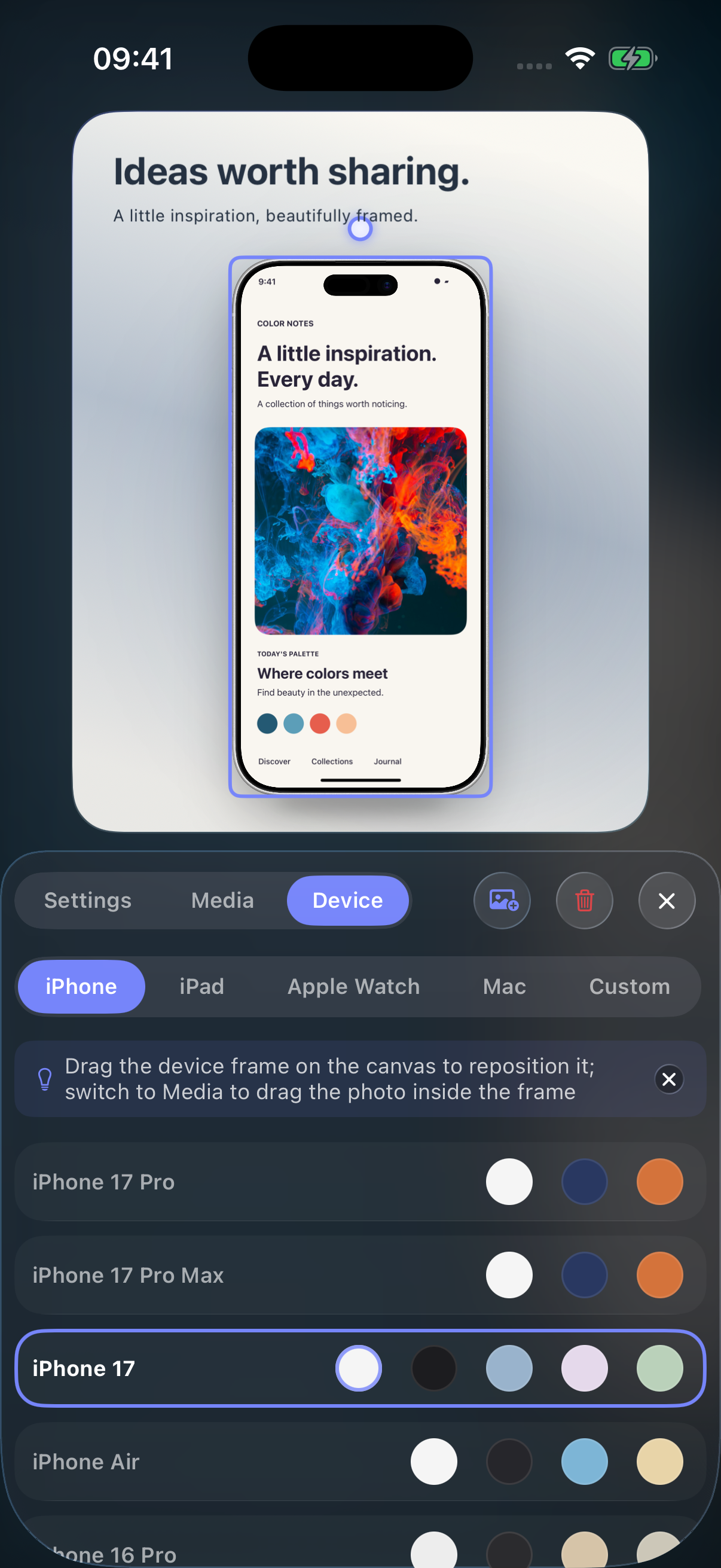 Screenshot framing workflow preview: choose an iPhone device frame